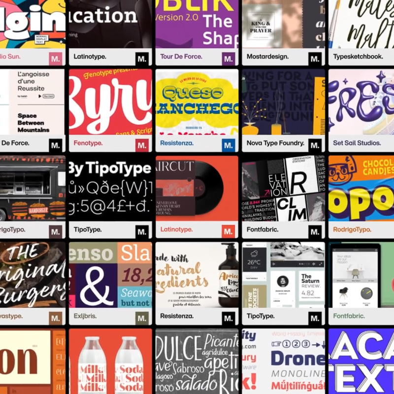 Monotype Fonts interface showing a digital font library for browsing, selecting, licensing, and deploying typefaces.