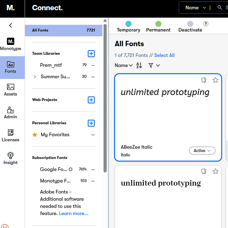 Monotype Connect dashboard showing centralized typography management, font deployment, and organizational controls for teams.